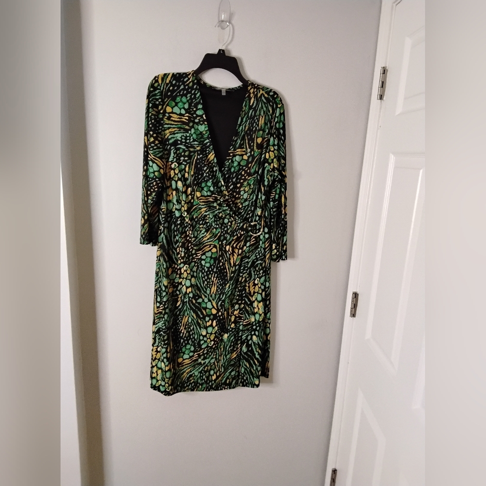 Evan Picone Green and Yellow Patterned Long Sleeve Dress